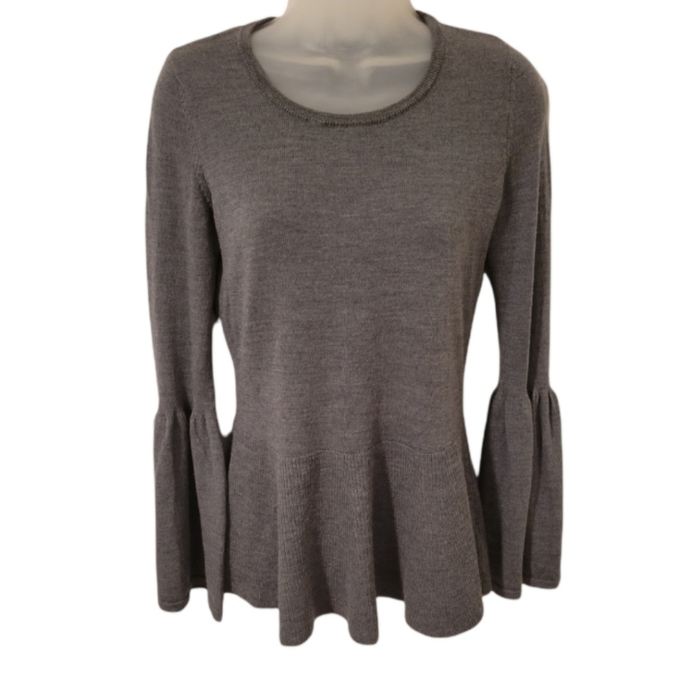 NANETTE LEPORE 100% Merino Wool Bell Sleeves Minimalist Grey Sweater‎ S